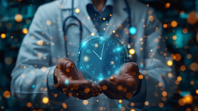 Doctor holding luminous abstract clock in hands in hospital, time concept, medical and healthcare