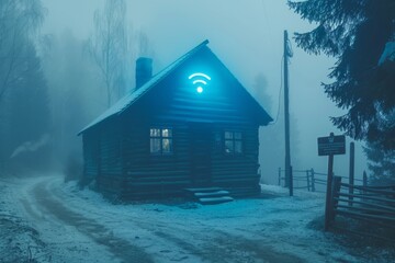 Cabin in misty forest with WiFi symbol eerie atmosphere tech in nature connectivity remote living digital nomad solitude