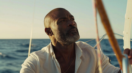 middle-aged man enjoying the sun in the ocean breeze while seated on a yacht, retirement vacation