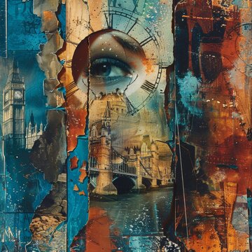 Time Travel Through History and Future - Collage of Ancient and Futuristic Elements with Layered Textures