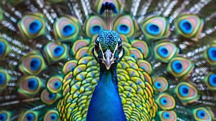 Obraz premium Vibrant Peacock Displaying Ornate Feathers in Striking Closeup