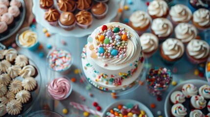A confectionary centerpiece cake intricately decorated with colorful candy, set among assorted cupcakes and sweets, creating a festive and indulgent setting.