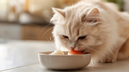 Fluffy white cat eating from a bowl at home