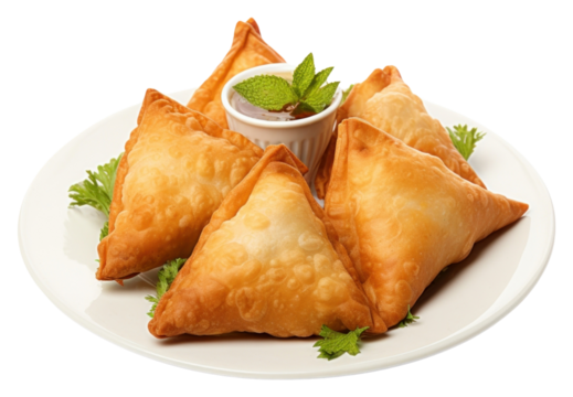 PNG  Samosa indian food dessert plate herbs.