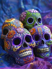 Fototapeta premium A group of painted skulls are arranged on a blue background. The skulls are decorated with flowers and other designs, giving them a festive and colorful appearance