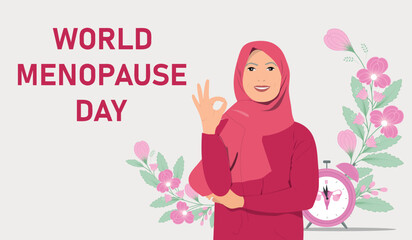 World Menopause Day. Medicine concept. Muslim woman with clock. Vector illustration.	
