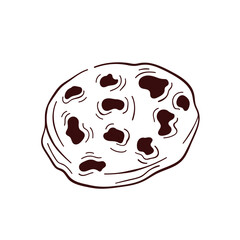 Chocolate chip cookie in line art style. Crunch homemade biscuit design for bakery. Vector illustration isolated on a white background.