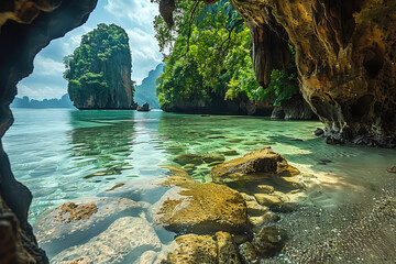 Nature of Thailand. Mountains in tropical ocean. Landscape of Thailand in sunny weather. Place for...