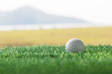The golf ball is on a green lawn in a beautiful golf course