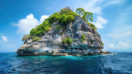 Sea rock near Thailand. Stone mountain with jungle on top. Rock with trees in middle of ocean. Nature of Thailand
