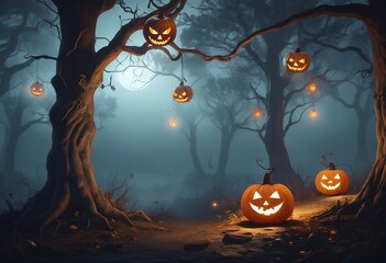 Lanterns in the shape of pumpkins hang on a tree, lighting the way in a dark forest on Halloween. Fog and light create a mystical atmosphere