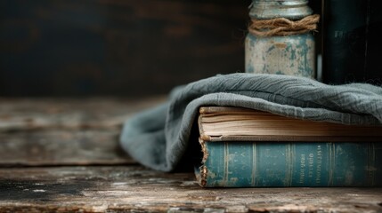 Obraz premium A close-up of a vintage book with an aged linen cloth and a small antique jar on a weathered wooden table, exuding warmth and nostalgia. Embracing history and charm.