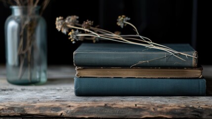 Obraz premium A cozy, nostalgic scene featuring a small stack of vintage books placed next to a vase with dried flowers, set on a beautifully weathered, rustic table.