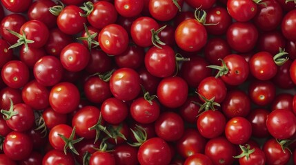 A vibrant collection of fresh red cherry tomatoes, showcasing their bright color and ripe texture, perfect for culinary use or food photography.