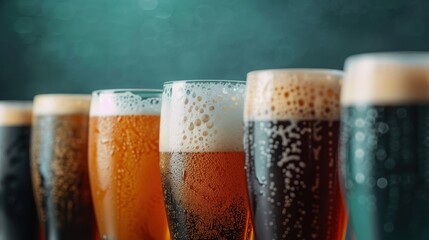 An inviting lineup of various beers in glasses, each with a distinctive color and foamy top, arranged against a bright background, indicating a celebration or a tasting session.