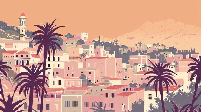 Risograph colorful riso print travel poster, card, wallpaper or banner illustration, modern, isolated, clear, simple of Annaba, Algeria. Texture, backdrop, screen printing, stencil