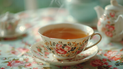 Fototapeta premium Steaming cup of tea in a floral teacup with teapot on a table.