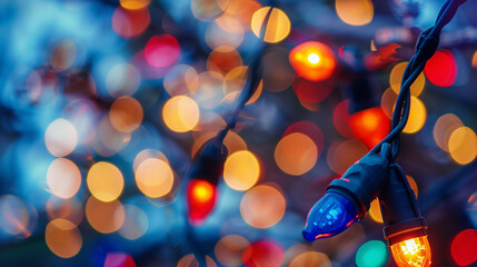 Close-up of holiday lights with abstract, colorful bokeh effects