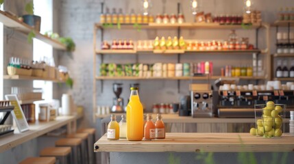 Obraz premium Juice bottles on counter in a cozy café