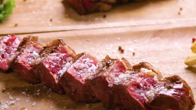 Grilled steaks and French fries with pepper served on table