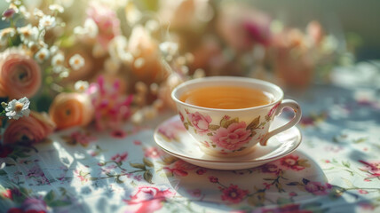 Fototapeta premium A floral teacup filled with tea, with flowers in the background.