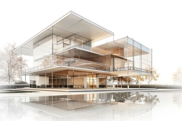 3D Render Modern Architecture Design on Isolated background, Luxury Office building Architect's Sketch Overlay