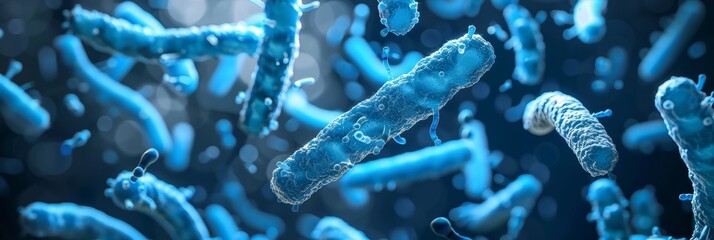 3D rendering of rod-shaped bacteria floating in a fluid, illuminated in blue.