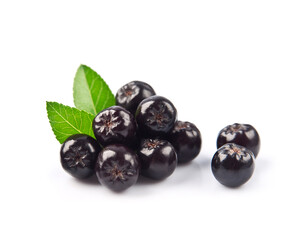 Aronia berries with leaves on white backgrounds