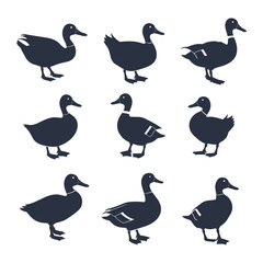 Set of nine duck silhouettes, different positions and angles.
