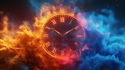 Glowing red and blue clock face with Roman numerals surrounded by smoke