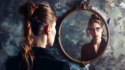 Pretty woman on mirror. Portrait Of Attractive Woman Looking At Mirror, Reflection in mirror. Concept of Beauty, Self care , depression, stress, loneliness, happiness, selflove