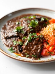 A plate of food with a brown sauce and a side of rice and tomatoes