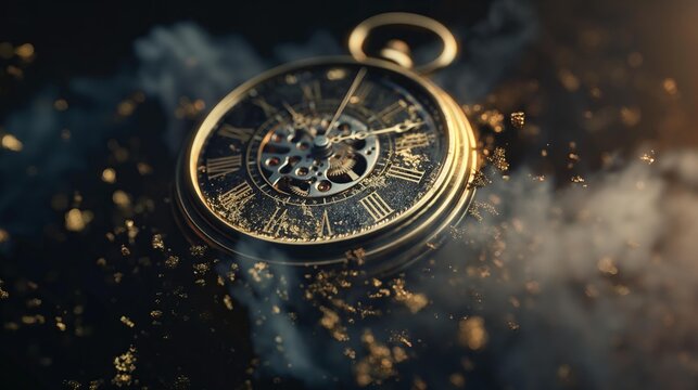 Antique gold pocket watch with intricate gears exposed on a dark background with golden particles