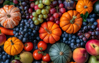 Colorful display of assorted fresh fruits and vegetables in a market