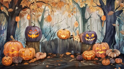 A painting of a forest with pumpkins and a cat. The mood of the painting is spooky and eerie
