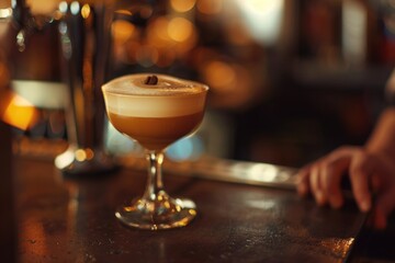 Obraz premium A glass of coffee with a brown foam on top sits on a table. The image has a warm and inviting mood, as the coffee is a popular beverage that is often associated with relaxation and comfort