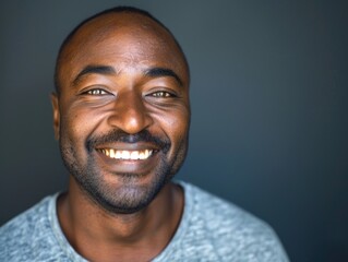 Obraz premium A man with a beard and a smile on his face. He is wearing a gray shirt. Concept of happiness and positivity