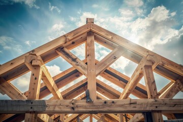 Carpenters finish off the wooden beam structure of house. Professional carpenters doing their job