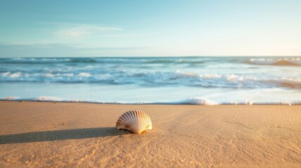 Obraz premium Seashell rests on sandy beach with ocean waves in background at sunset