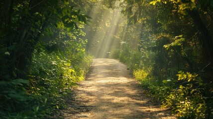 Obraz premium Sunlit forest path with lush greenery and natural scenery