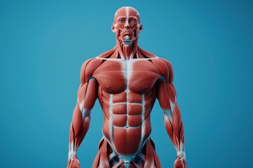 Close up abdominal muscles of the human body anatomy isolated on blue science background