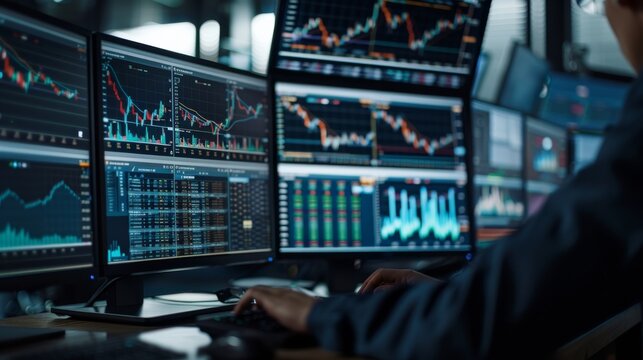 A financial analyst monitors multiple screens displaying real-time stock market charts and financial data in a modern office environment