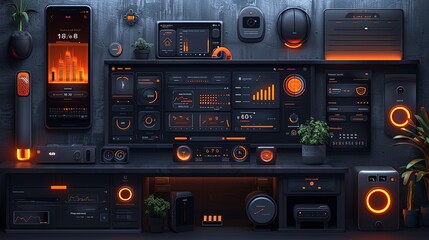 Fototapeta premium vector, illustration, User interface elements set for Smart home mobile app or web. Kit template with HUD, automation system, remote monitoring, room thermostat control, security. Pack of UI, UX, GUI.