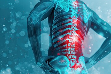 Illustration of Human Spine with Back Pain Highlighted in Red - Medical Concept of Spinal Cord, Nerve Pain, and Musculoskeletal Disorders