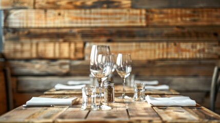 A rustic wooden dining table is elegantly set with glassware and condiments, creating a cozy atmosphere with exposed wooden wall panels in the background