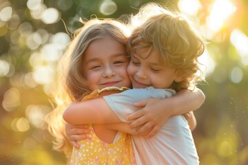 bright sunny image Two kids friends in therapy hug each other. Happy friends hugging