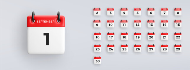 3D calendar icon with date 1 September on grey background. Vector schedule symbol.