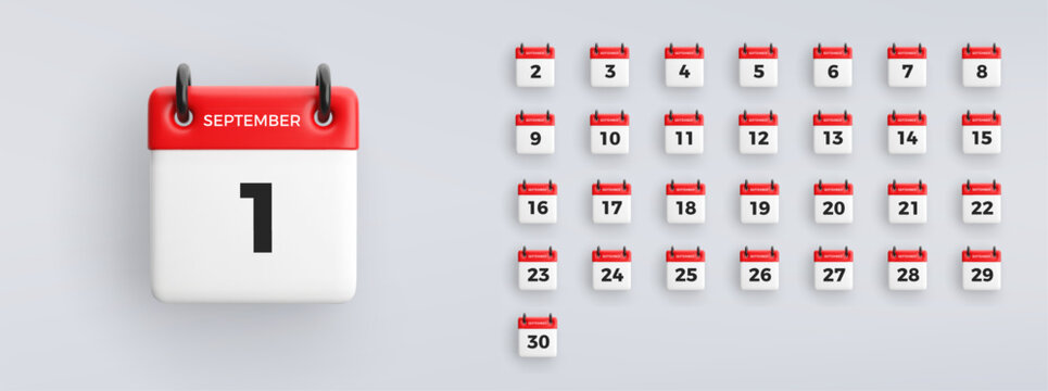 3D calendar icon with date 1 September on grey background. Vector schedule symbol.