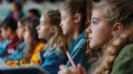 Fototapeta premium A group of young girls are sitting in a classroom, writing with pens. Scene is one of focus and concentration, as the girls are all working on their assignments