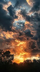 Fototapeta premium Vibrant sunset with dramatic clouds over trees skyline.